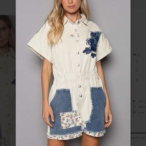 POL Cream and Blue Button-Up Romper